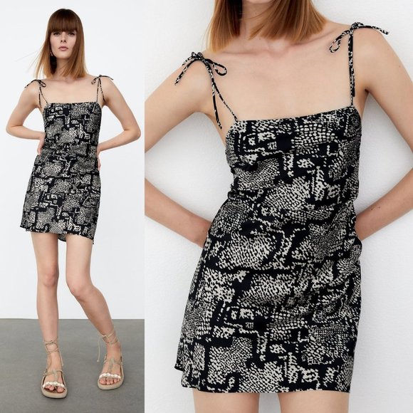 NEW Zara Silky Adjustable Tie Straps Straight Neck Printed Mini Dress Black L - Picture 4 of 9
